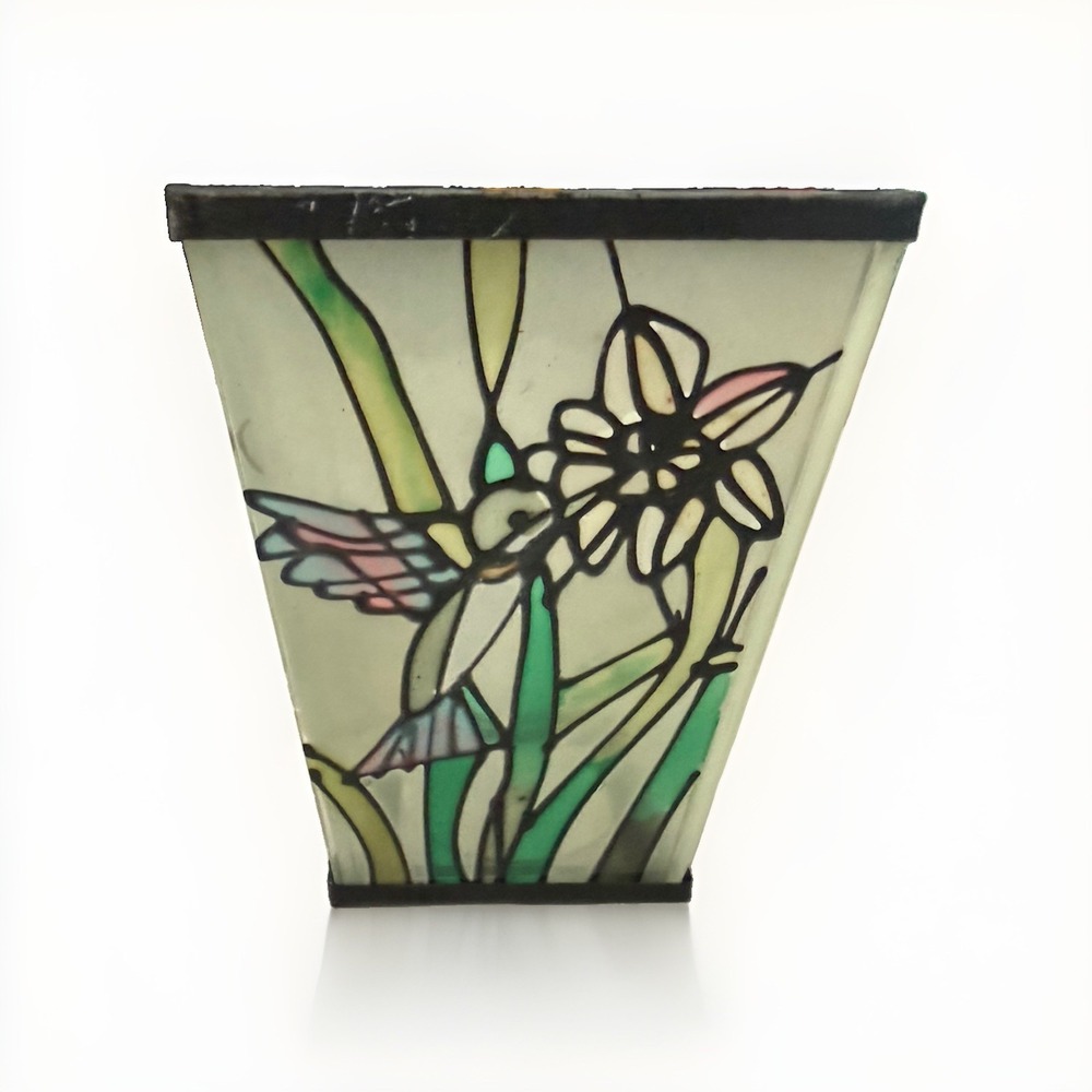 Vintage 70's Rectangular Hand Painted Stained Glass Vase Flowers & Hummingbird